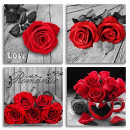 Red Rose Wall Decor Black and Red Canvas Wall Art for Bedroom Living Room Bathroom Decor (size: 12x12inchx4pcs)