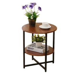 2 Tiers Wood Round Nightstand w/X Base Brown Modern Sofa Side Table for Bedroom (Type: 2 Tiers)