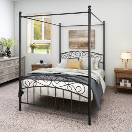 Metal Canopy Bed Frame with Ornate European Style Headboard & Footboard Perfectly Fits Your Mattress Easy DIY Assembly All Parts Included, Full Black (Color: Black, size: Full)