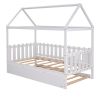 Twin Size House Bed with trundle, Fence-shaped Guardrail, White