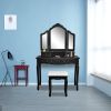 Tri-fold Mirror Dresser with Dressing Stool Black--YS