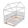 Twin Size House Bed with trundle, Fence-shaped Guardrail, White