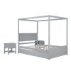 Full Size Wood Canopy Bed with Trundle Bed and Two Nightstands, Bedroom Set - Brushed