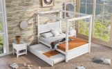 Full Size Wood Canopy Bed with Trundle Bed and Two Nightstands, Bedroom Set - Brushed