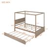 Full Size Wood Canopy Bed with Trundle Bed and Two Nightstands, Bedroom Set - Brushed