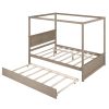 Full Size Wood Canopy Bed with Trundle Bed and Two Nightstands, Bedroom Set - Brushed