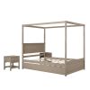 Full Size Wood Canopy Bed with Trundle Bed and Two Nightstands, Bedroom Set - Brushed