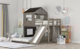 Wooden Twin Over Full Bunk Bed, Loft Bed with Playhouse, Farmhouse, Ladder, Slide and Guardrails