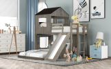 Wooden Twin Over Full Bunk Bed, Loft Bed with Playhouse, Farmhouse, Ladder, Slide and Guardrails