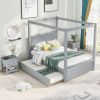 Full Size Wood Canopy Bed with Trundle Bed and Two Nightstands, Bedroom Set - Brushed