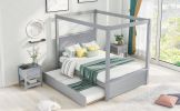 Full Size Wood Canopy Bed with Trundle Bed and Two Nightstands, Bedroom Set - Brushed