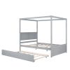 Full Size Wood Canopy Bed with Trundle Bed and Two Nightstands, Bedroom Set - Brushed