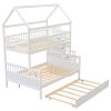 Twin over Full Size House Bunk Bed with Storage Staircase and Trundle,Full-Length Guardrail