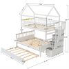 Twin over Full Size House Bunk Bed with Storage Staircase and Trundle,Full-Length Guardrail