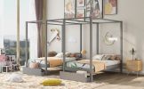 Double Shared Twin Size Canopy Platform Beds with Two Drawers and Built-in Desk