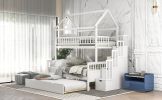 Twin over Full Size House Bunk Bed with Storage Staircase and Trundle,Full-Length Guardrail