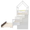 Twin over Full Size House Bunk Bed with Storage Staircase and Trundle,Full-Length Guardrail