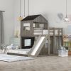 Wooden Twin Over Full Bunk Bed, Loft Bed with Playhouse, Farmhouse, Ladder, Slide and Guardrails