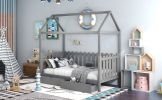 Twin Size House Bed with drawers, Fence-shaped Guardrail, Gray