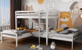 Twin over Twin over Twin Bed L-shaped Bunk Bed, Pine Wood Bed Frame