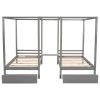 Double Shared Twin Size Canopy Platform Beds with Two Drawers and Built-in Desk