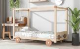 Twin Size Canopy Car-Shaped Platform Bed,Natural+Brown(Expected Arrival Time:7.25)