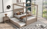 Full Size Wood Canopy Bed with Trundle Bed and Two Nightstands, Bedroom Set - Brushed