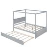 Full Size Wood Canopy Bed with Trundle Bed and Two Nightstands, Bedroom Set - Brushed