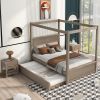 Full Size Wood Canopy Bed with Trundle Bed and Two Nightstands, Bedroom Set - Brushed