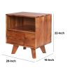 DunaWest 22 Inch Acacia Wood Bedside Table, 1 Drawer, 1 Cubby, Grain Details, Warm Brown