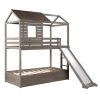 Twin Over Twin Bunk Bed with Two Storage Drawers and Slide, House-Shaped Wood Bunk Bed