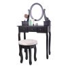 Makeup Desk Vanity Dressing Table Set W/ Round Mirror Stool 5 Storage Drawers