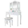 Makeup Vanity Table, Trifold Mirror, Wooden Dresse With Stool&4 Drawers XH