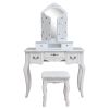 Tri-fold Mirror Dresser with Dressing Stool White--YS