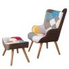 Chair and Ottoman, Accent Chairs for Bedroom, Modern Colourful and Patchwork Reading Chair with Solid Wood Legs, Linen Fabric Napping Armchair for Liv