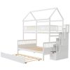 Twin over Full Size House Bunk Bed with Storage Staircase and Trundle,Full-Length Guardrail