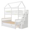 Twin over Full Size House Bunk Bed with Storage Staircase and Trundle,Full-Length Guardrail