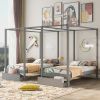 Double Shared Twin Size Canopy Platform Beds with Two Drawers and Built-in Desk