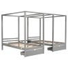 Double Shared Twin Size Canopy Platform Beds with Two Drawers and Built-in Desk