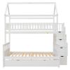 Twin over Full Size House Bunk Bed with Storage Staircase and Trundle,Full-Length Guardrail