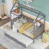 Twin Size House Bed with trundle, Fence-shaped Guardrail, White