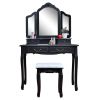 Tri-fold Mirror Dresser with Dressing Stool Black--YS