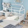 Twin Size House Bed with trundle, Fence-shaped Guardrail, White