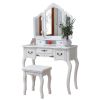 Tri-fold Mirror Dresser with Dressing Stool White--YS