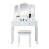 Makeup Vanity Table, Trifold Mirror, Wooden Dresse With Stool&4 Drawers XH