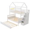 Twin over Full Size House Bunk Bed with Storage Staircase and Trundle,Full-Length Guardrail