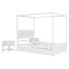 Full Size Wood Canopy Bed with Trundle Bed and Two Nightstands, Bedroom Set - Brushed