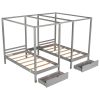 Double Shared Twin Size Canopy Platform Beds with Two Drawers and Built-in Desk