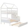 Twin over Full Size House Bunk Bed with Storage Staircase and Trundle,Full-Length Guardrail