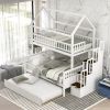 Twin over Full Size House Bunk Bed with Storage Staircase and Trundle,Full-Length Guardrail